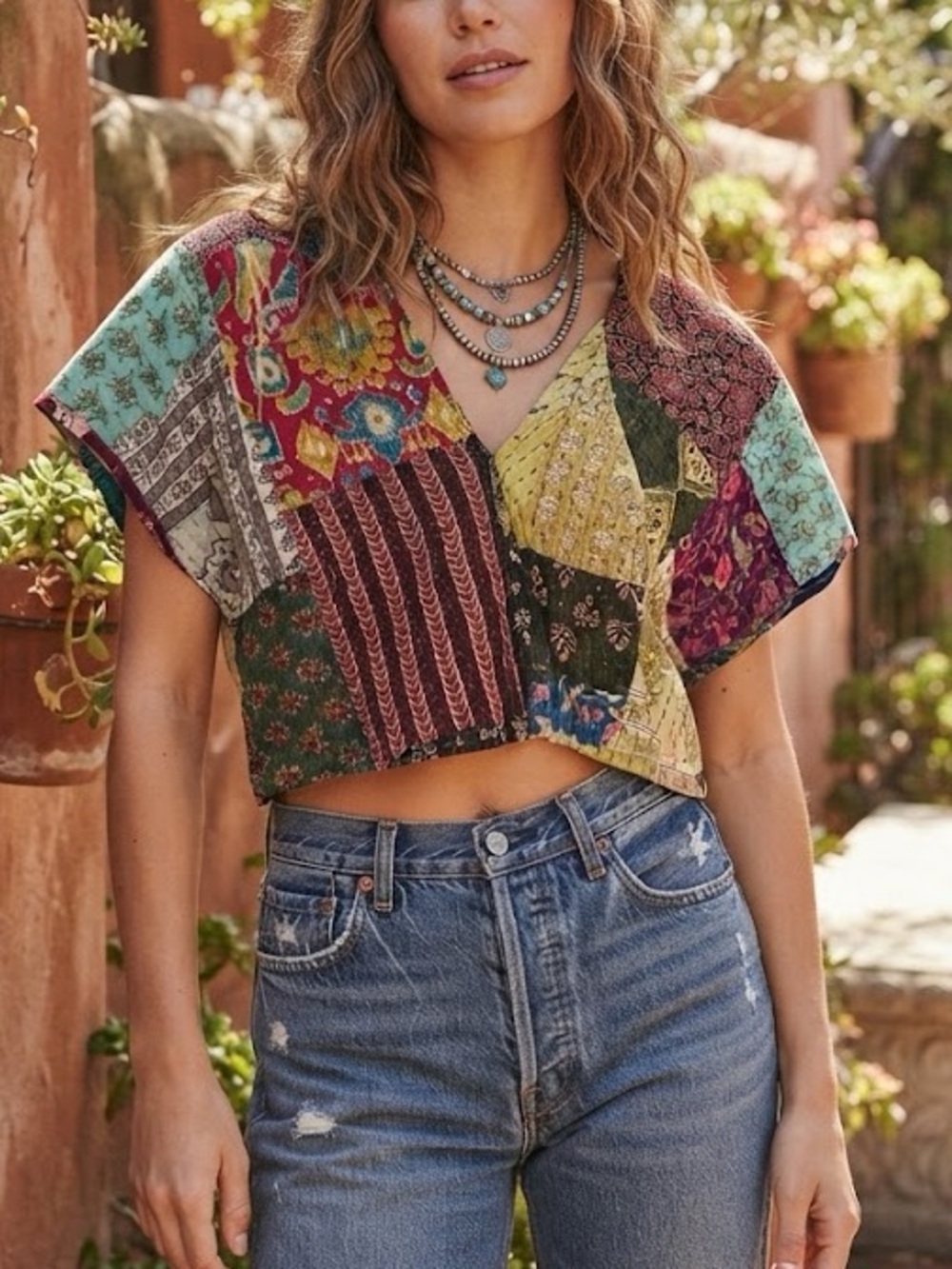 Earthbound Trading Co Kantha Patchwork Crop Top Boheme Festival S